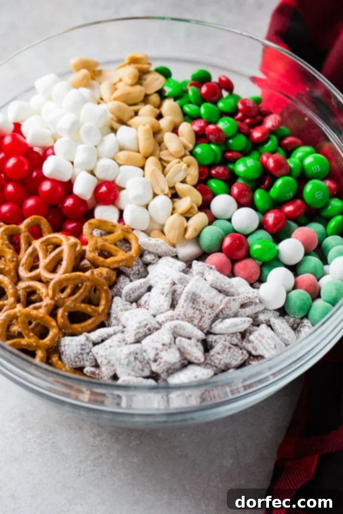 a glass bowl of 5 minute christmas snack mix