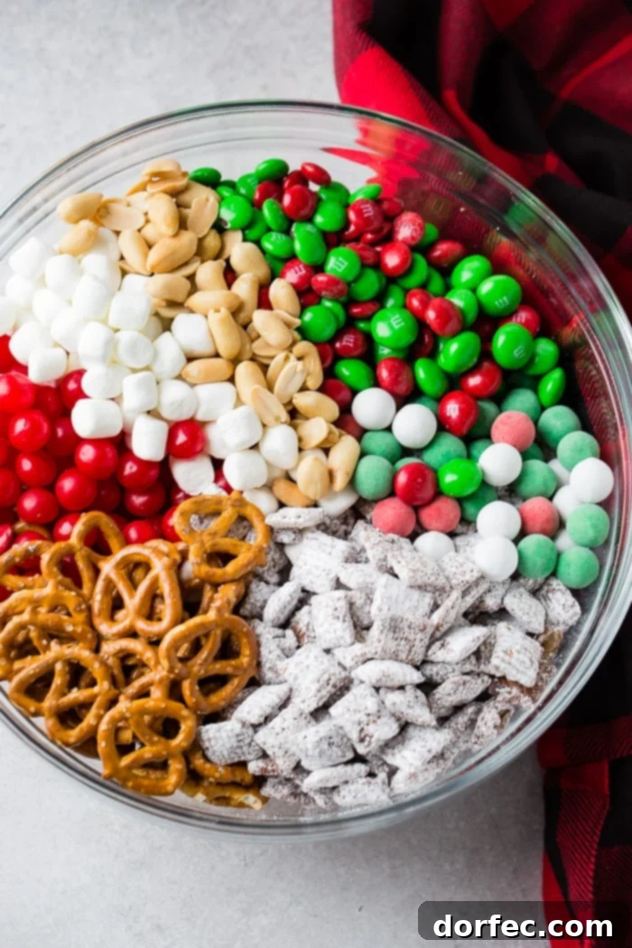 a glass bowl of 5 minute christmas snack mix