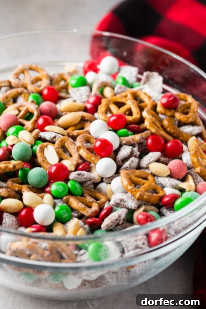 a glass bowl of 5 minute christmas snack mix