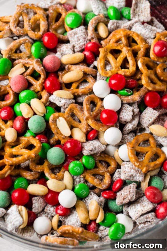 a glass bowl of 5 minute christmas snack mix
