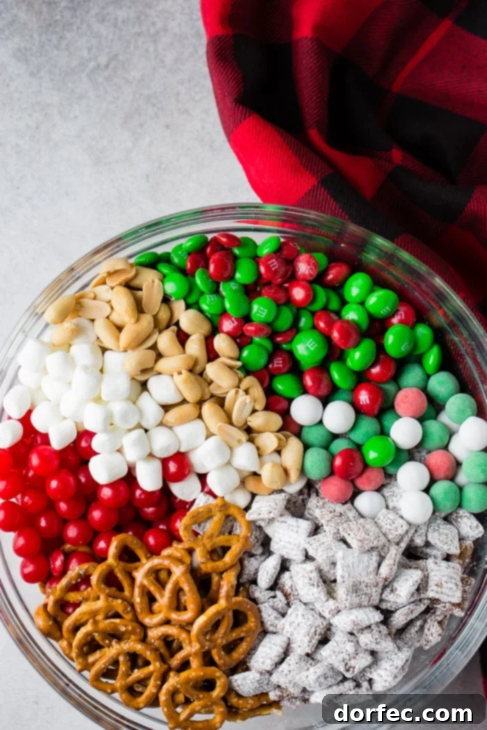 a glass bowl of 5 minute christmas snack mix