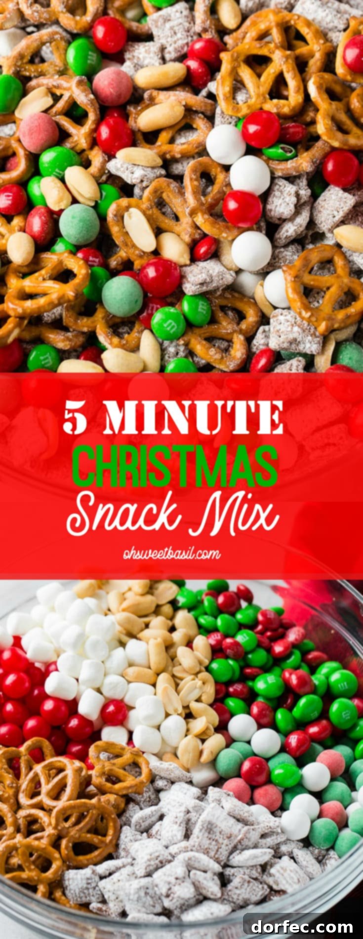 a glass bowl of 5 minute christmas snack mix