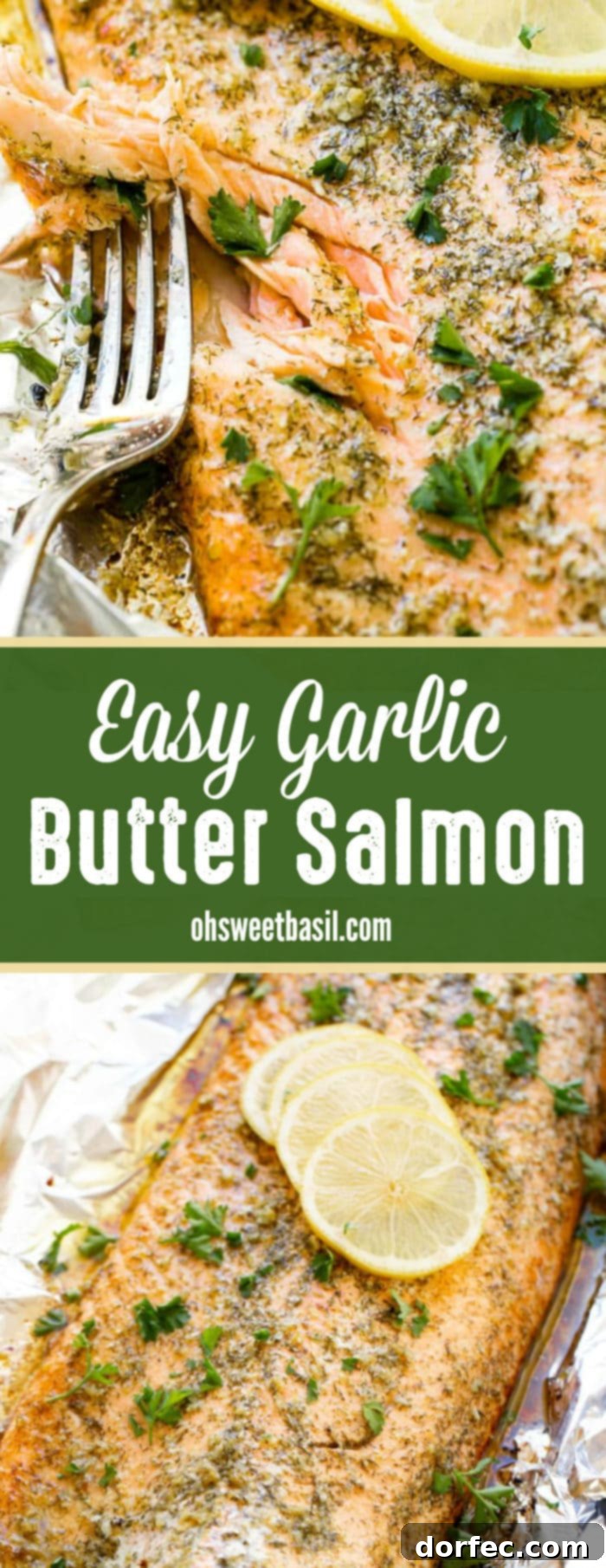 A freshly baked salmon fillet with garlic butter, adorned with vibrant parsley and bright lemon slices in its foil packet