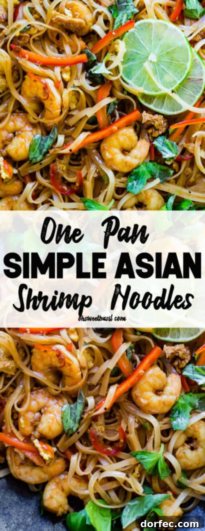 A photo of cooked shrimp, rice noodles, red bell peppers, and fresh basil leaves on a blue plate garnished with slices of lime.