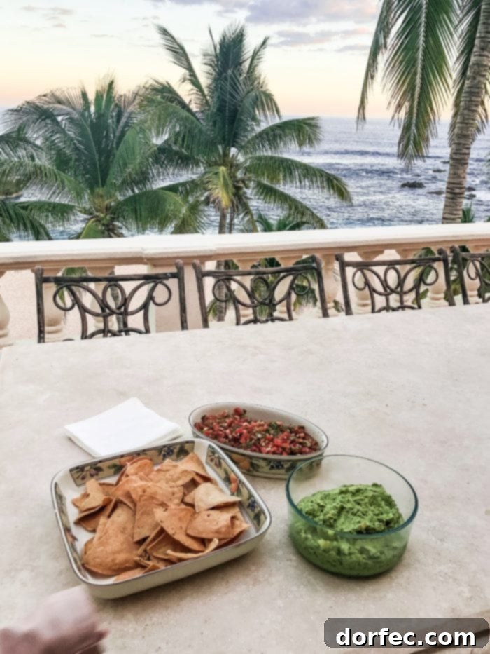 Freshly made chips, creamy guacamole, and vibrant salsa laid out on a patio, with palm trees and the azure Sea of Cortez in the background, signaling a perfect Mexican welcome at Casa Mariposa.