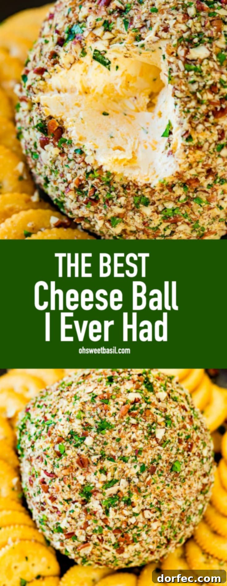 A close-up of a cheese ball with a scoop taken out of it, showcasing the rich blend of cheese, cream cheese, pecans, and parsley, surrounded by crisp crackers.