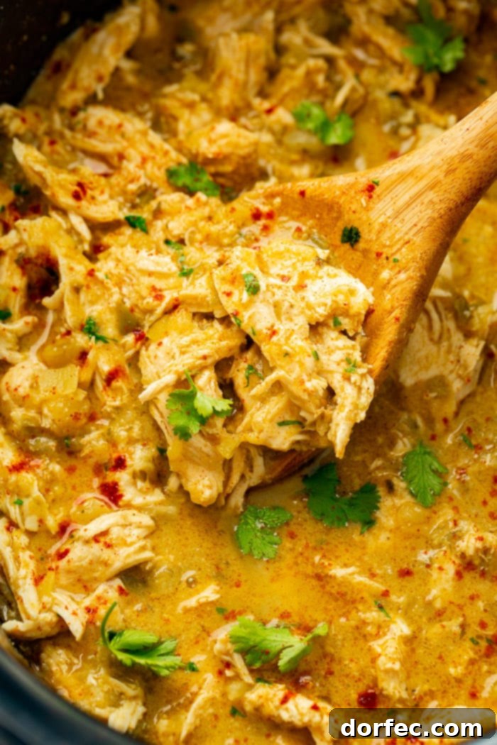 Sweet and Savory Pineapple Mexican Shredded Chicken Instant Pot or Slow Cooker 3 Close-up of the flavorful shredded chicken simmering in its rich salsa verde and pineapple sauce inside a slow cooker
