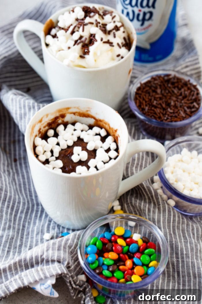 A photo of two white mugs full of cooked brownies, one topped with whipped cream and sprinkles and the other topped with mini marshmallows, the mugs are surrounded by little bowls of sprinkles, marshmallows, and mini M&Ms