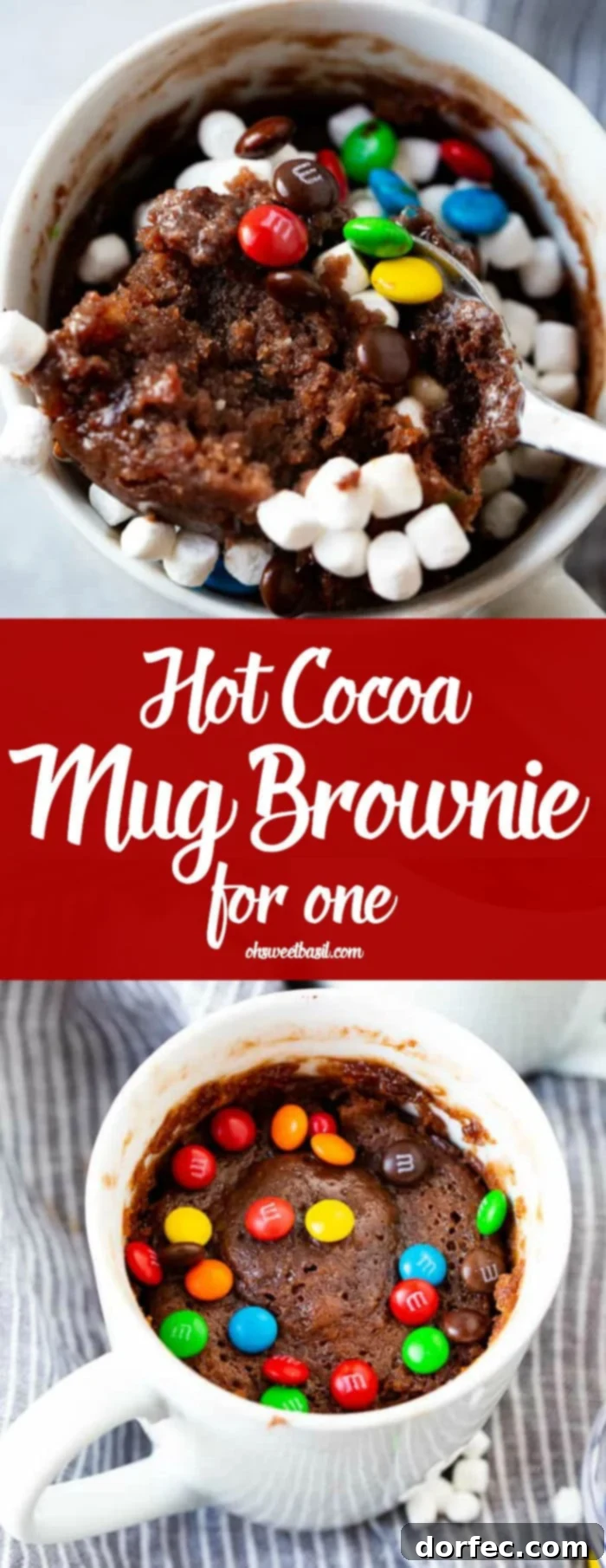 A photo of two white mugs full of cooked brownies, one topped with whipped cream and sprinkles and the other topped with mini marshmallows, the mugs are surrounded by little bowls of sprinkles, marshmallows, and mini M&Ms