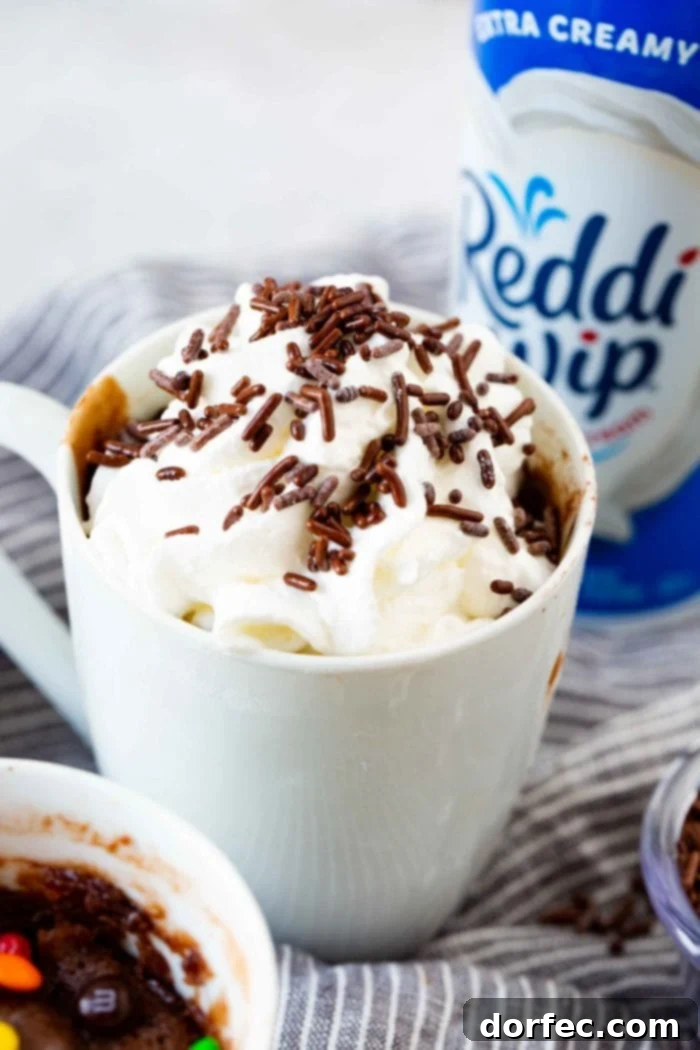 A photo of a white mug full of brownie topped with whipped cream and chocolate sprinkles with a can of Reddi-Whip in the background.