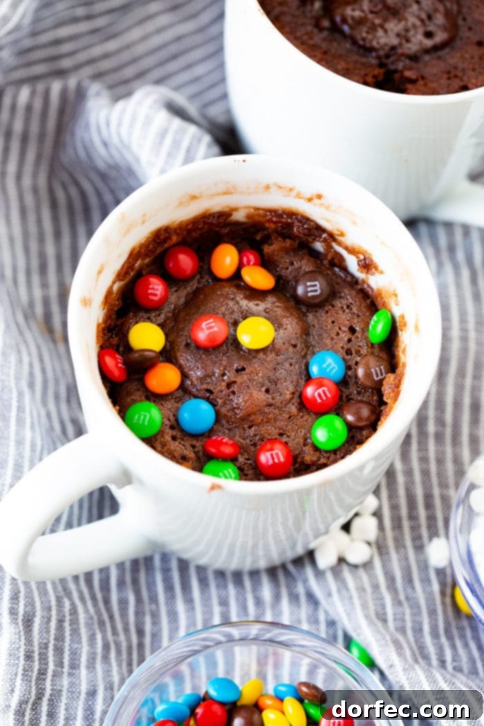 A photo of a white mug full of brownie topped with mini M&Ms.