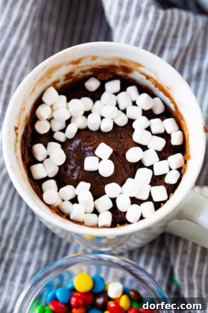 A photo of a white mug full of brownie topped with mini marshmallows..