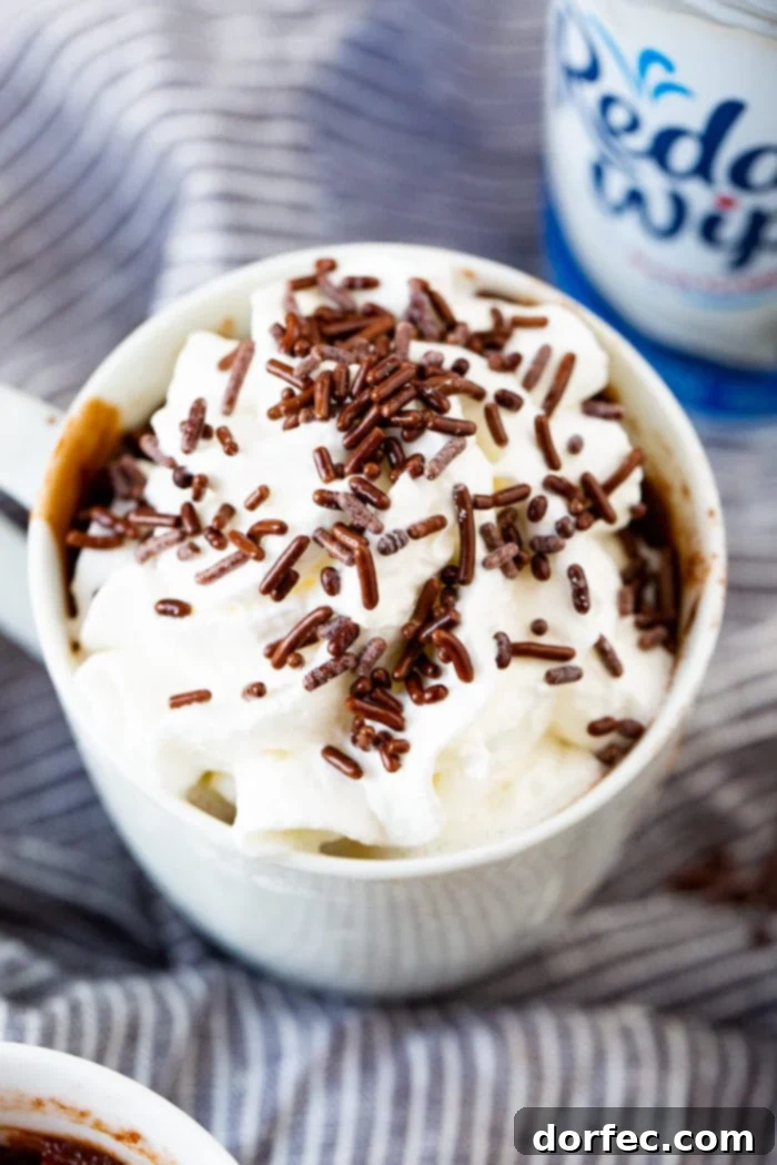 A photo of a white mug full of brownie topped with whipped cream and chocolate sprinkles.