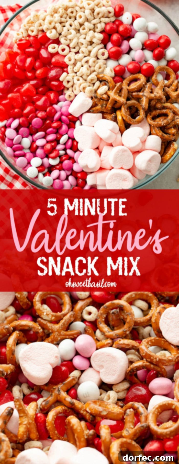 A final inviting image of the large glass bowl overflowing with the festive 5-Minute Valentine's Snack Mix, perfectly showcasing its colorful and tempting appeal for the holiday.