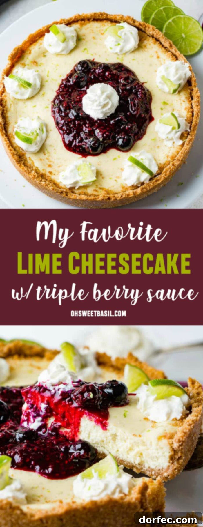 An inviting overhead shot of a vibrant whole lime cheesecake, artfully arranged on a white serving platter. The edges are dotted with perfect dollops of whipped cream, each featuring a fresh lime slice. A generous, rich pile of triple berry sauce fills the center, crowned with a final dollop of whipped cream, making for a stunning and delicious dessert display.