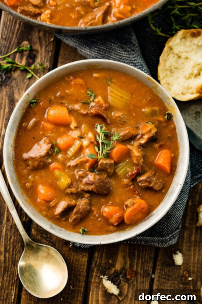 A bowl of Irish Beef Stew featuring tender beef, hearty carrots, and celery in a savory, thick gravy.