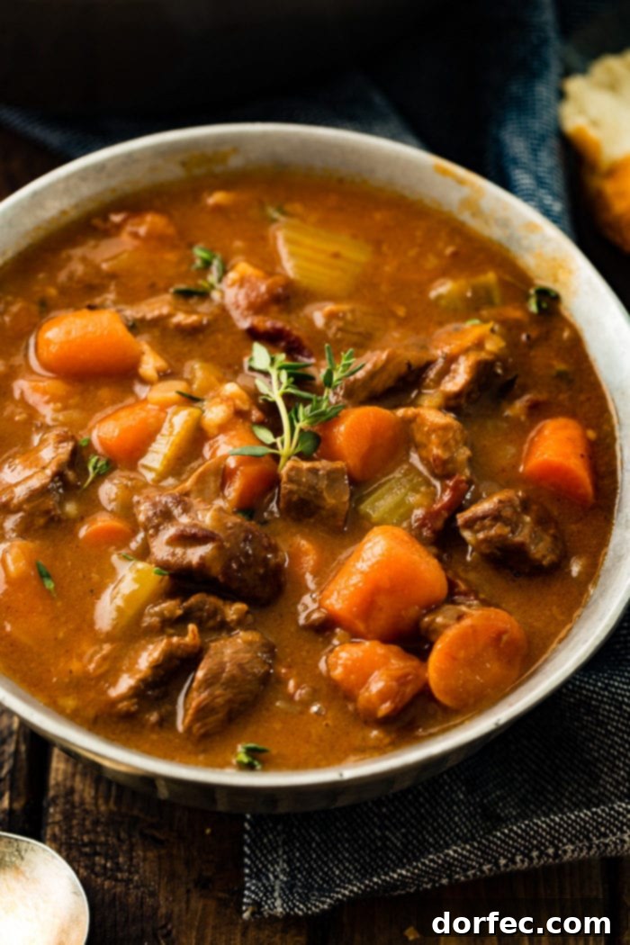 A beautiful close-up of Irish Beef Stew, showcasing its rich, thick gravy and tender ingredients.