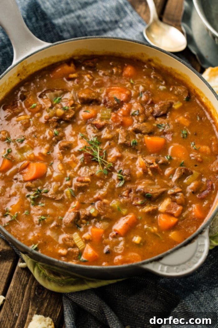 A rich, thick Irish Beef Stew, perfect for a cozy meal, with a focus on its comforting texture.