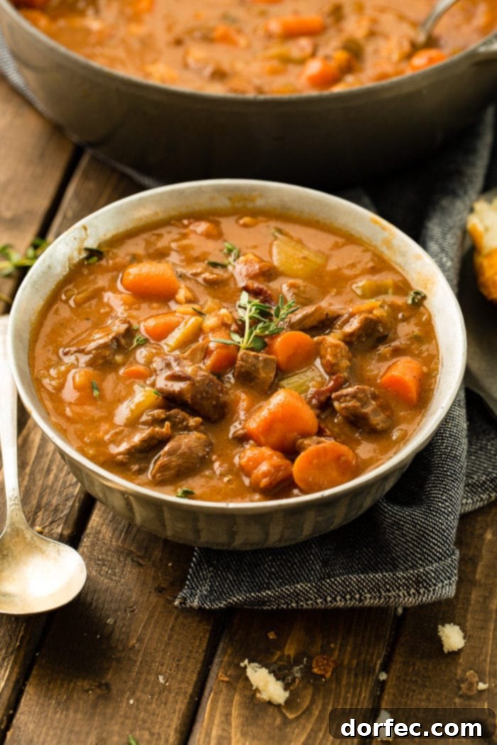 A generous serving of Irish Beef Stew, ready to be enjoyed, showcasing its rich, comforting texture and vibrant vegetables.