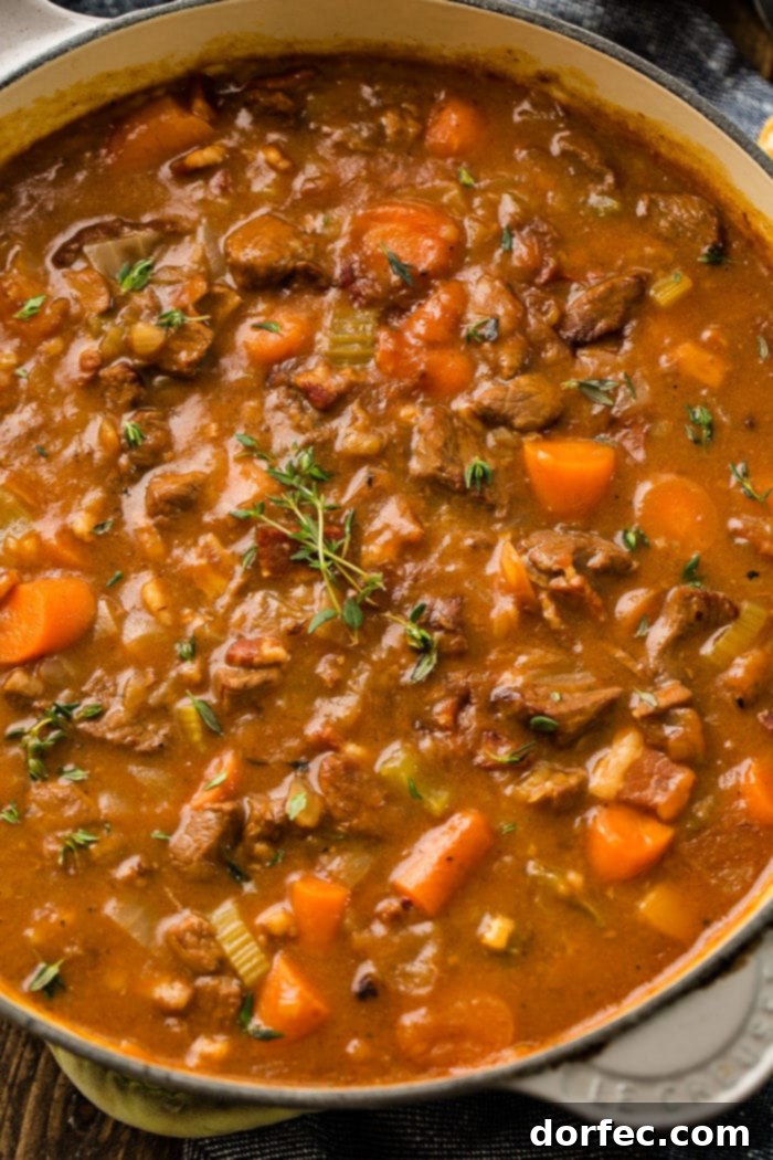 A cozy and inviting bowl of Irish Beef Stew, perfect for a comforting meal on St. Patrick's Day or any day.