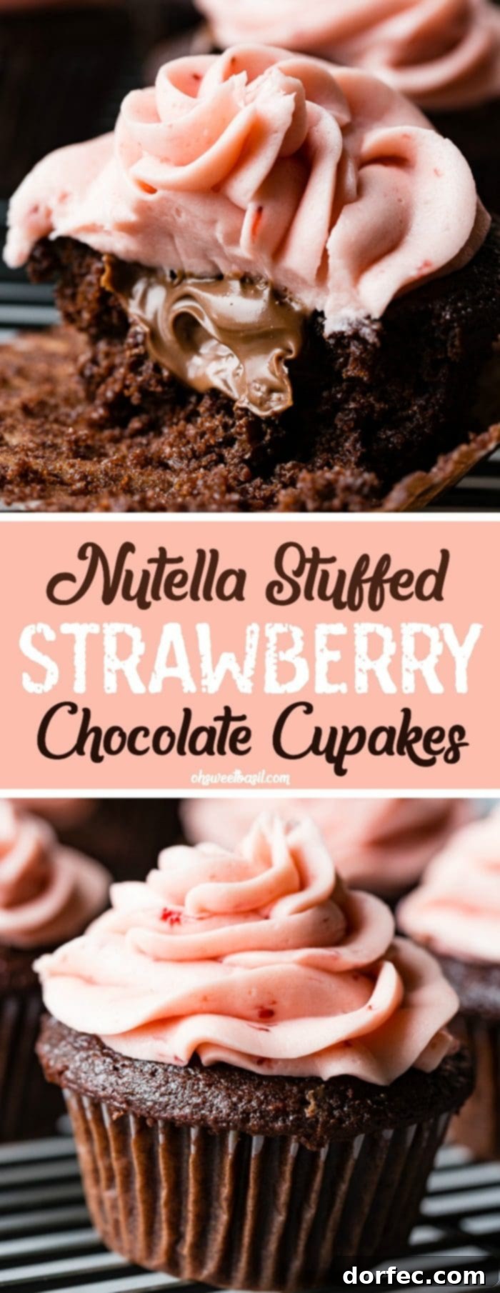 Choco-Berry Nutella Bliss Cupcakes 9 A beautifully arranged selection of Nutella Stuffed Strawberry Chocolate Cupcakes, showcasing their rich chocolate base, Nutella filling, and fluffy strawberry buttercream.