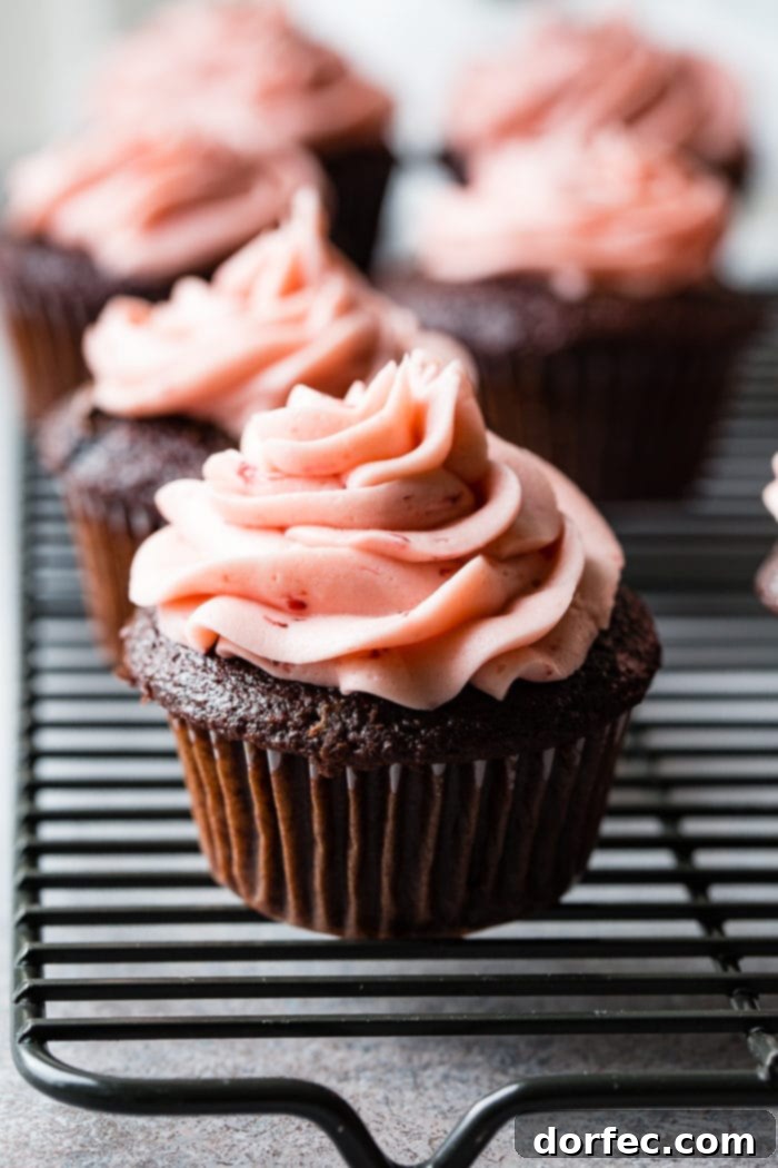 Choco-Berry Nutella Bliss Cupcakes 8 A delicious Nutella Stuffed Strawberry Chocolate Cupcake, topped with a swirl of pink buttercream and a fresh strawberry. The cupcake is cut in half, revealing its gooey Nutella center.