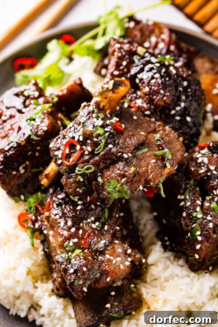 Fall-Off-The-Bone Oven Braised Korean Beef Short Ribs 4 A photo of braised short ribs garnished with sesame seeds, cilantro, green onion and red chile peppers on top of white rice on a gray plate.