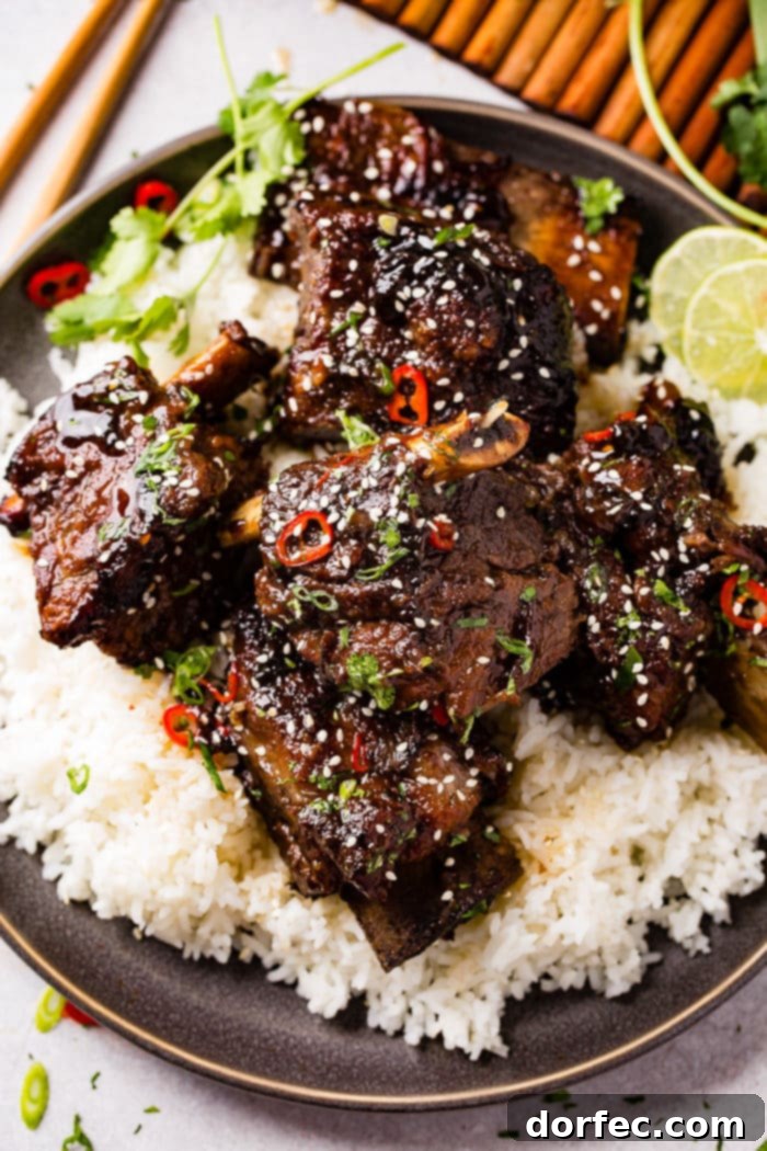 Fall-Off-The-Bone Oven Braised Korean Beef Short Ribs 6 A photo of braised short ribs garnished with sesame seeds, cilantro, green onion and red chile peppers on top of white rice on a gray plate.