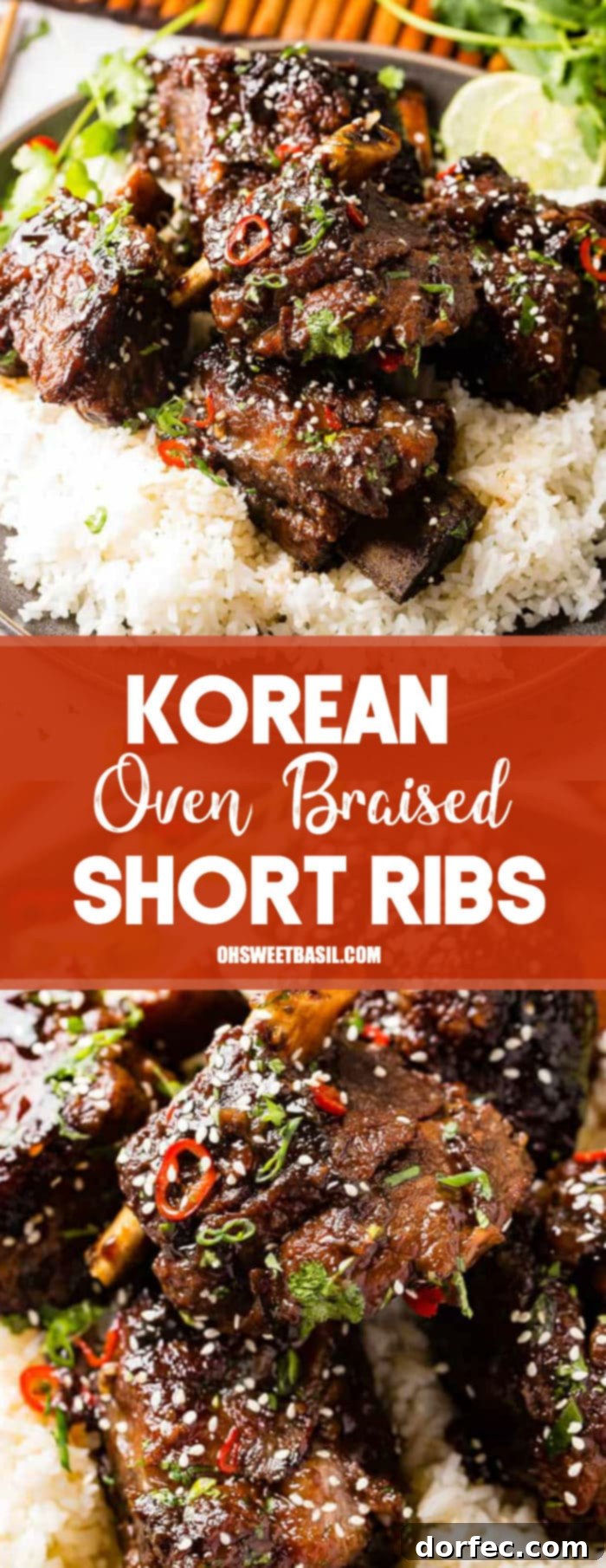 Fall-Off-The-Bone Oven Braised Korean Beef Short Ribs 9 A photo of braised short ribs garnished with sesame seeds, cilantro, and red peppers on top of white rice on a gray plate.