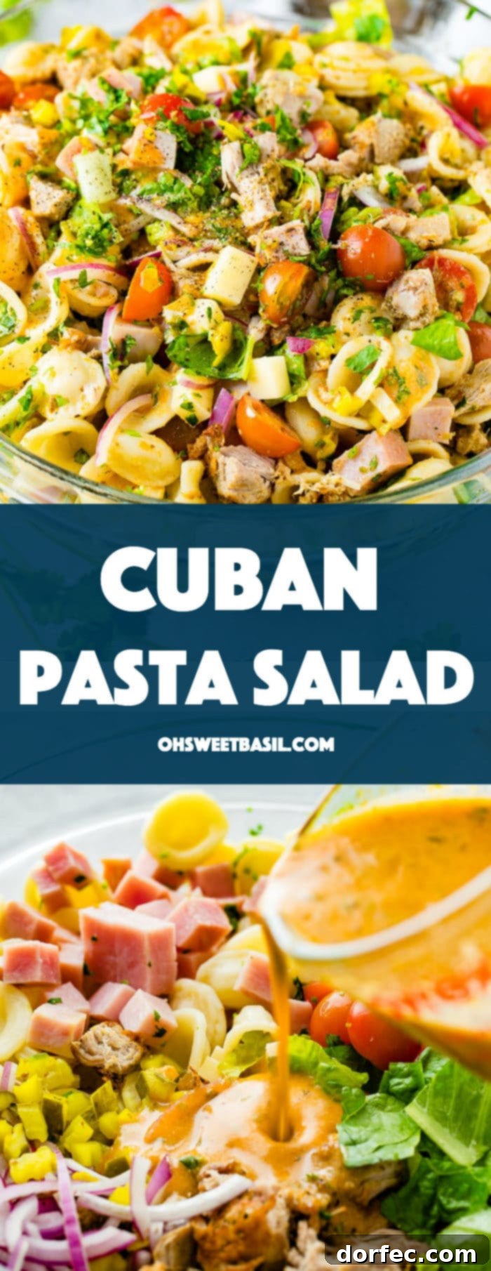 A photo of a cuban pasta salad with pork, ham, cubed swiss cheese, tomatoes, purple onions, and fresh herbs.