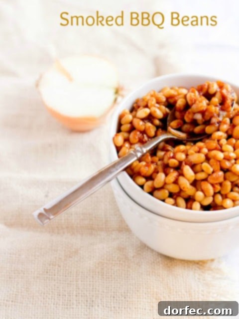 Slow-Smoked BBQ Beans 3 Hearty Smoked BBQ Beans ready to serve at a barbecue