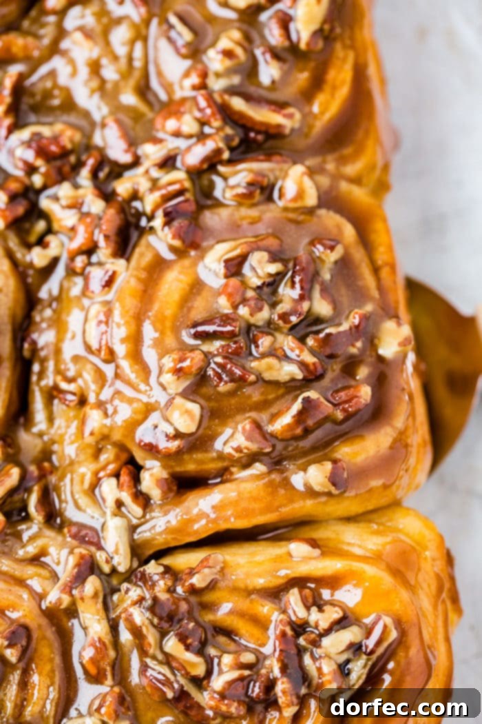 Caramel Pecan Sticky Buns 2 A photo of a sticky bun taking from above covered in a caramel glaze and chopped pecans.