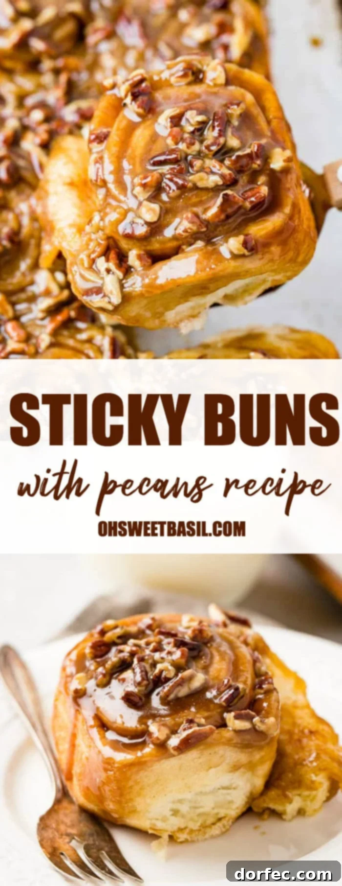 Caramel Pecan Sticky Buns 9 A photo of a sticky bun taking from above covered in a caramel glaze and chopped pecans.