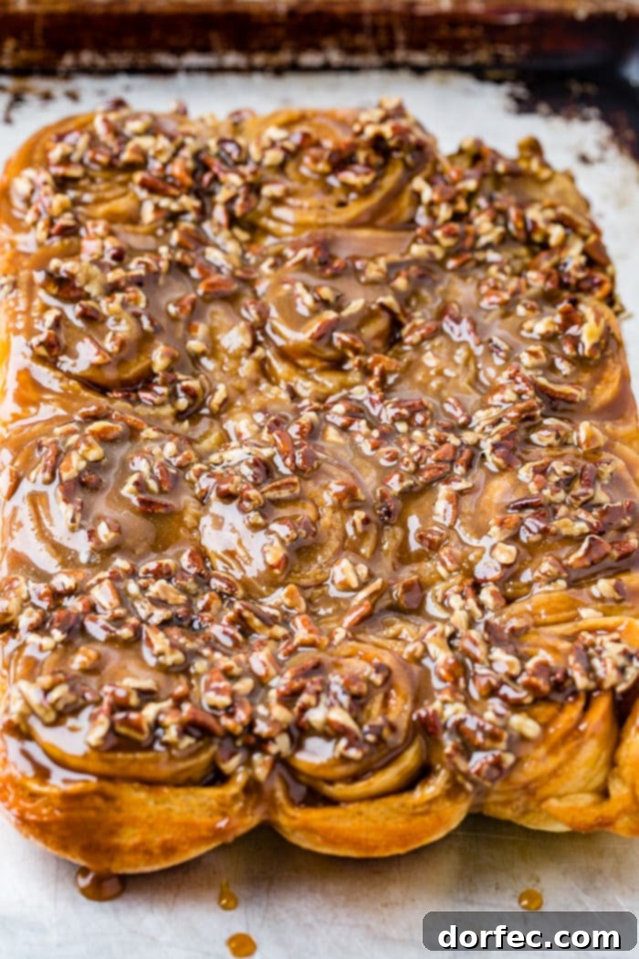 Caramel Pecan Sticky Buns 6 A photo of a dozen sticky buns coated in caramel glaze and chopped pecans.