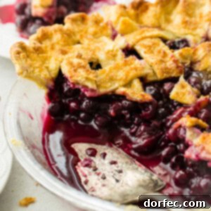 A photo of a whole blueberry pie, showcasing a lattice crust and golden brown edges.