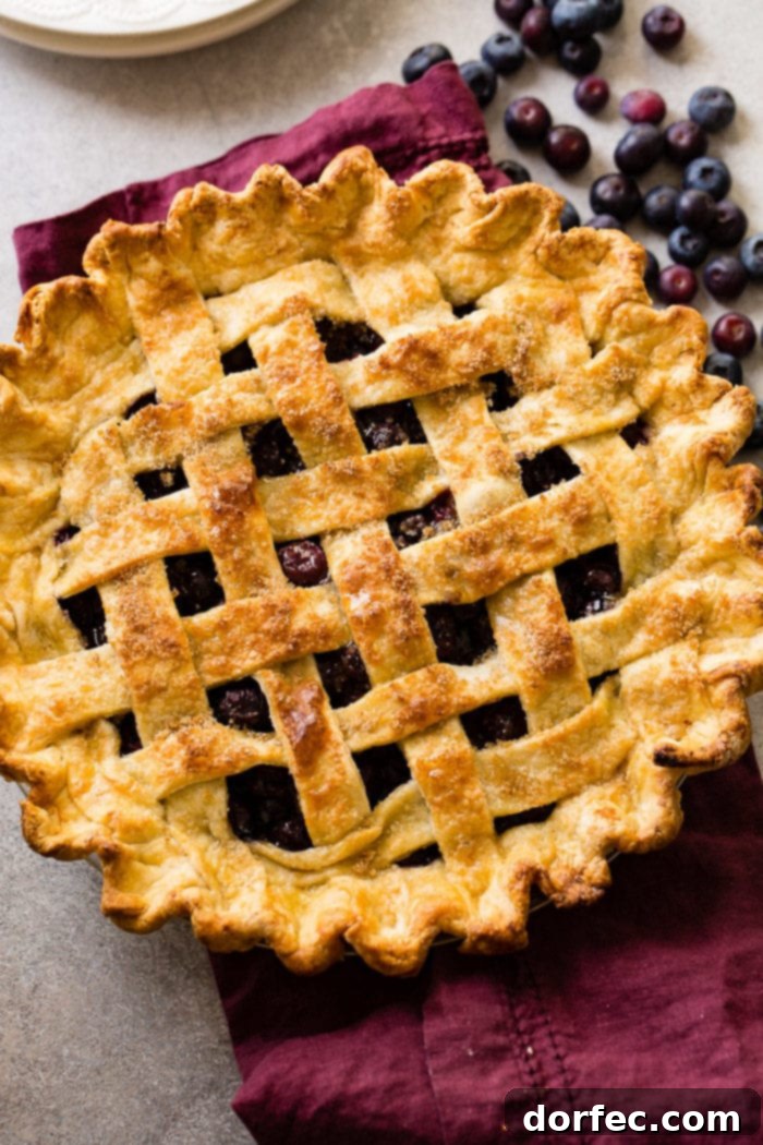 Effortless Blueberry Pie 3 A photo of a homemade blueberry pie with a beautifully crafted lattice top and golden-brown crust, ready to be sliced.