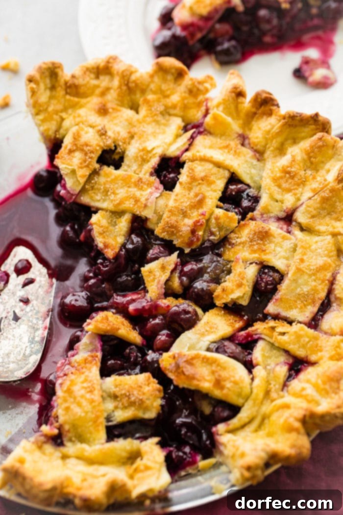 Effortless Blueberry Pie 4 A photo of a baked blueberry pie with a lattice top, with two slices already removed and a pie server resting in the pan, showing the rich filling.