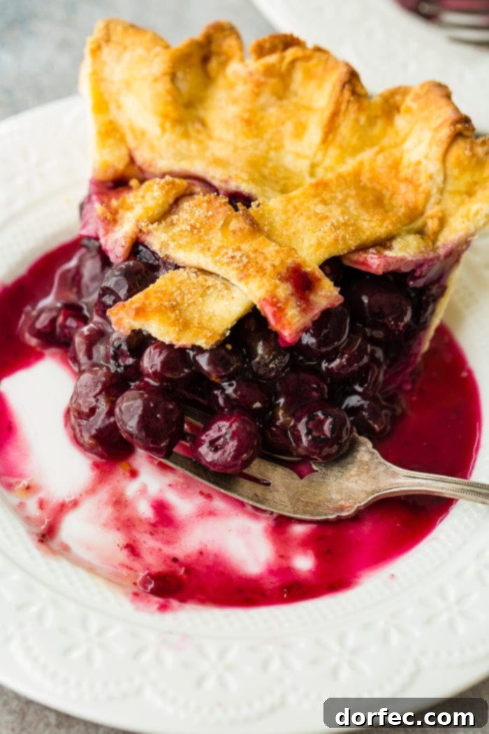 Effortless Blueberry Pie 5 A photo of a slice of blueberry pie on a white plate, with a bite taken out and a fork resting beside it.
