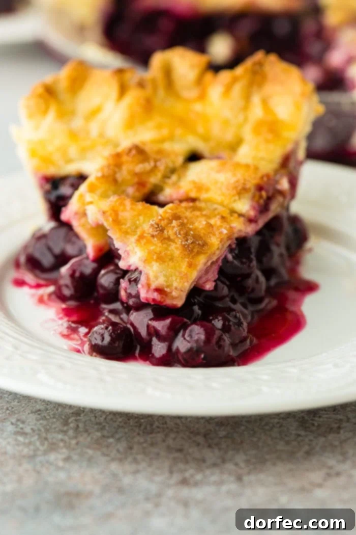 Effortless Blueberry Pie 9 A photo of a slice of blueberry pie on a white plate, with a fork, ready to be enjoyed.