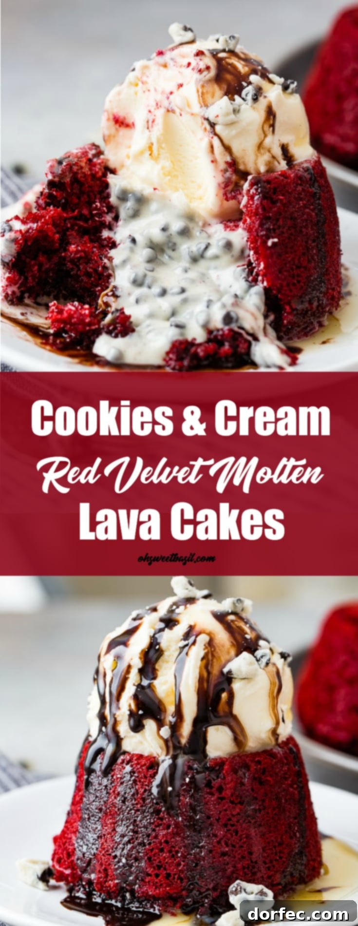 A photo of a red velvet molten lava cake filled with cookies and cream chocolate spilling out of the cake and with a scoop of vanilla ice cream on top and chocolate sauce.