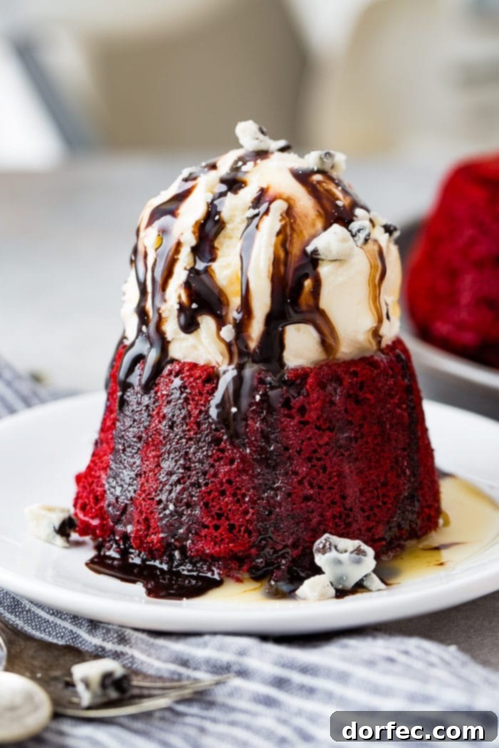 A photo of a red velvet cake topped with a scoop of vanilla ice cream on top and chocolate sauce drizzling down the sides.