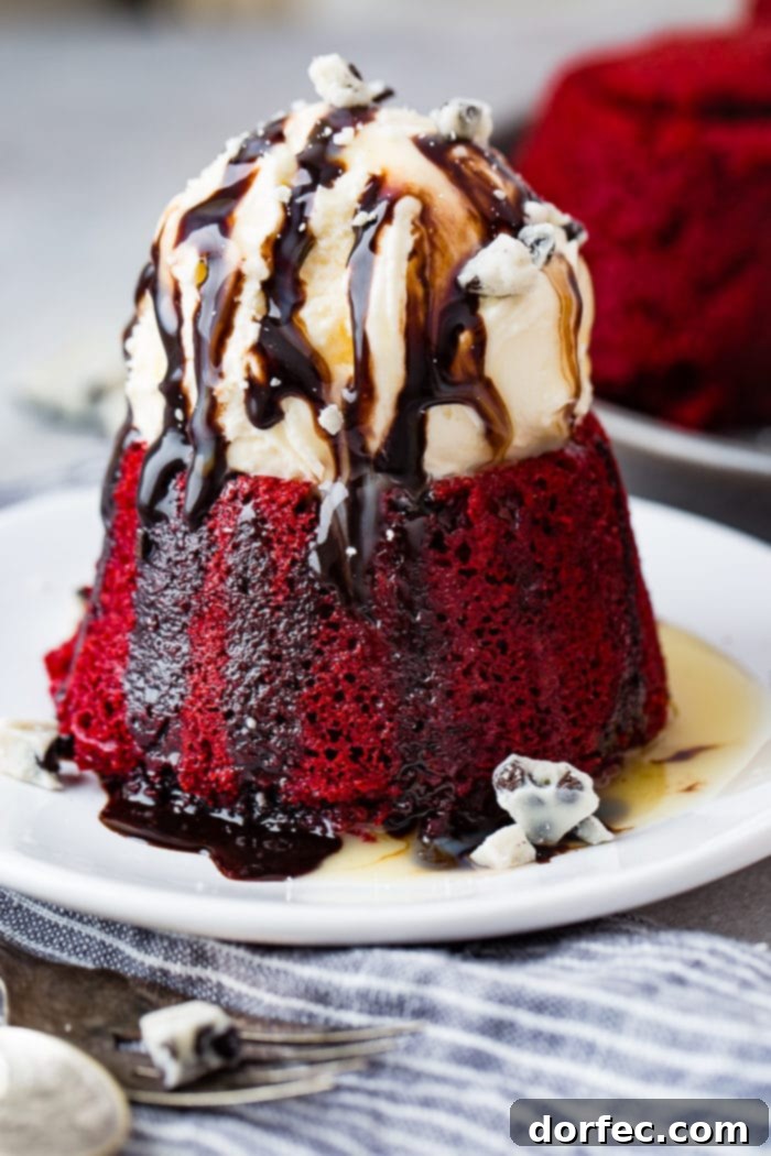 A photo of a red velvet cake topped with a scoop of vanilla ice cream on top and chocolate sauce drizzling down the sides.