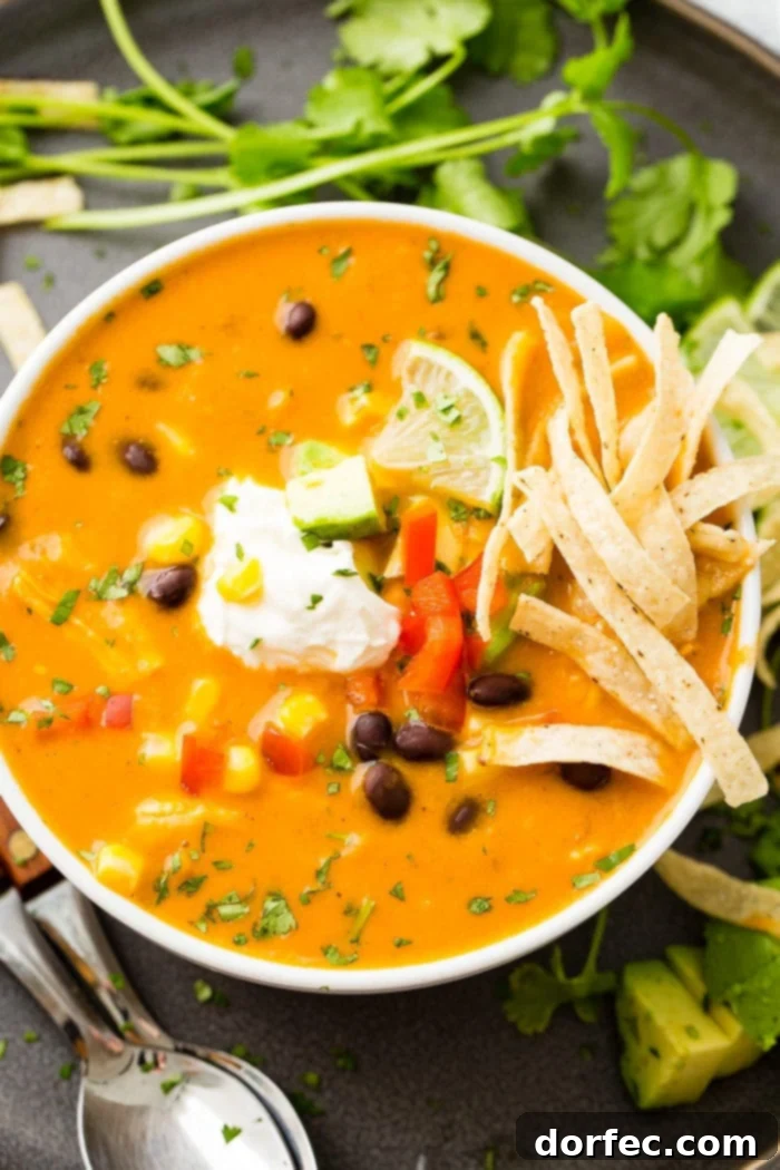 An aerial photo of a white bowl of chicken tortilla soup topped with sour cream, a lime wedge, and tortilla strips.