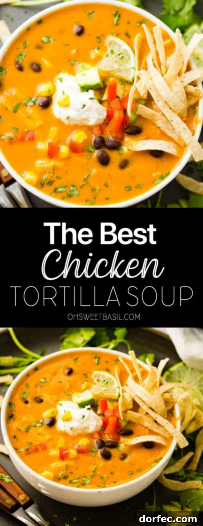 An aerial photo of a white bowl of chicken tortilla soup topped with sour cream, a lime wedge, and tortilla strips.