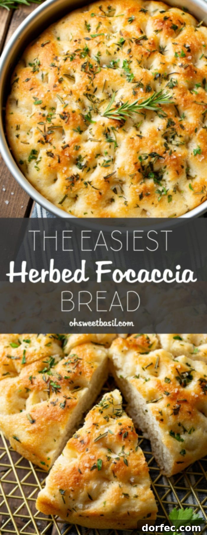 Effortless Herb Focaccia 8 A photo of a round focaccia bread loaf covered in fresh herbs and dusted with salt flakes in a silver pan.