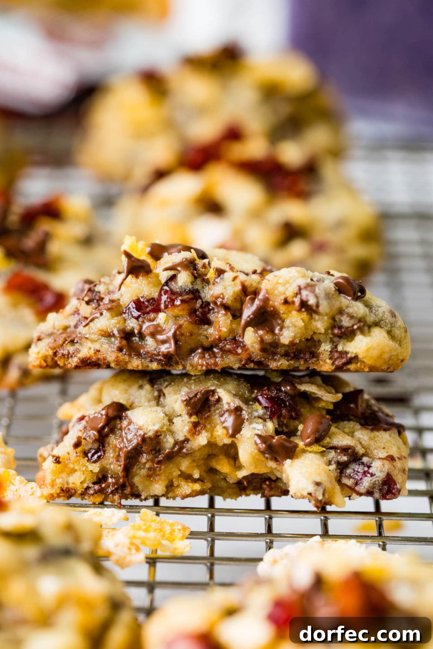 A stack of delicious Craisin Frosted Flake cookies, broken in half to reveal their chewy, gooey interior with melty chocolate chips and sweet craisins. These homemade cookies are perfect for sharing and teaching valuable life lessons about kindness.