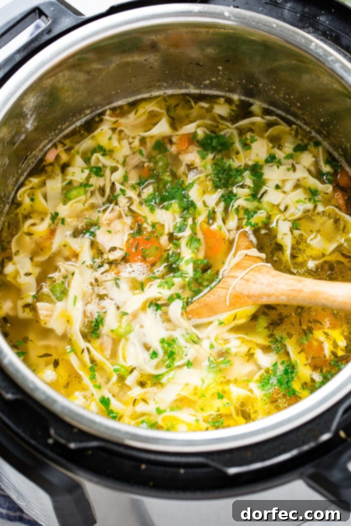 A photo of chicken noodle soup being stirred by a wooden spoon in the Instant Pot.