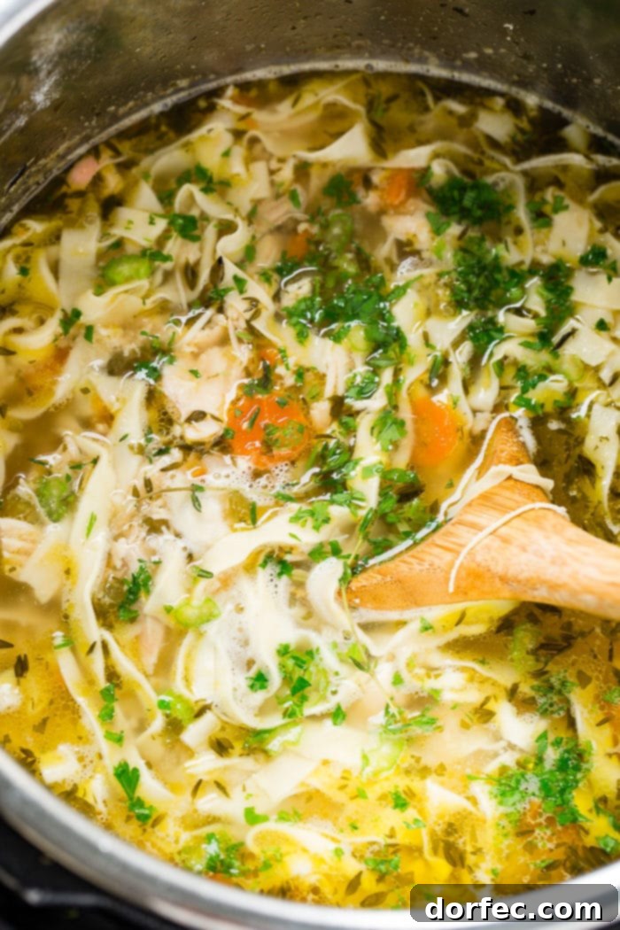 A photo of homemade chicken noodle soup being stirred by a wooden spoon in the Instant Pot.