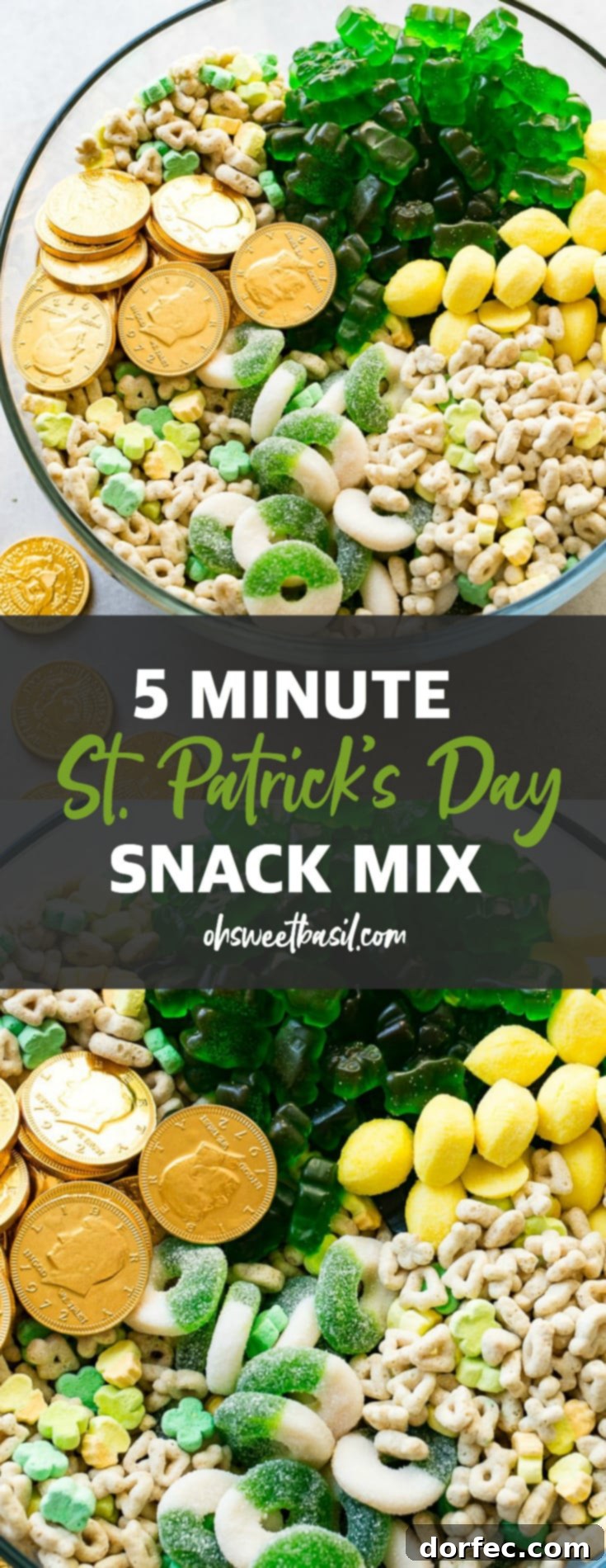 Instant Pot o' Gold Snack Mix 7 A beautiful final presentation of the festive St. Patrick's Day snack mix, arranged appealingly in a large glass bowl. The image highlights the vibrant colors, appealing textures, and diverse treats, making it look incredibly appetizing and ready for any St. Patrick's Day celebration.