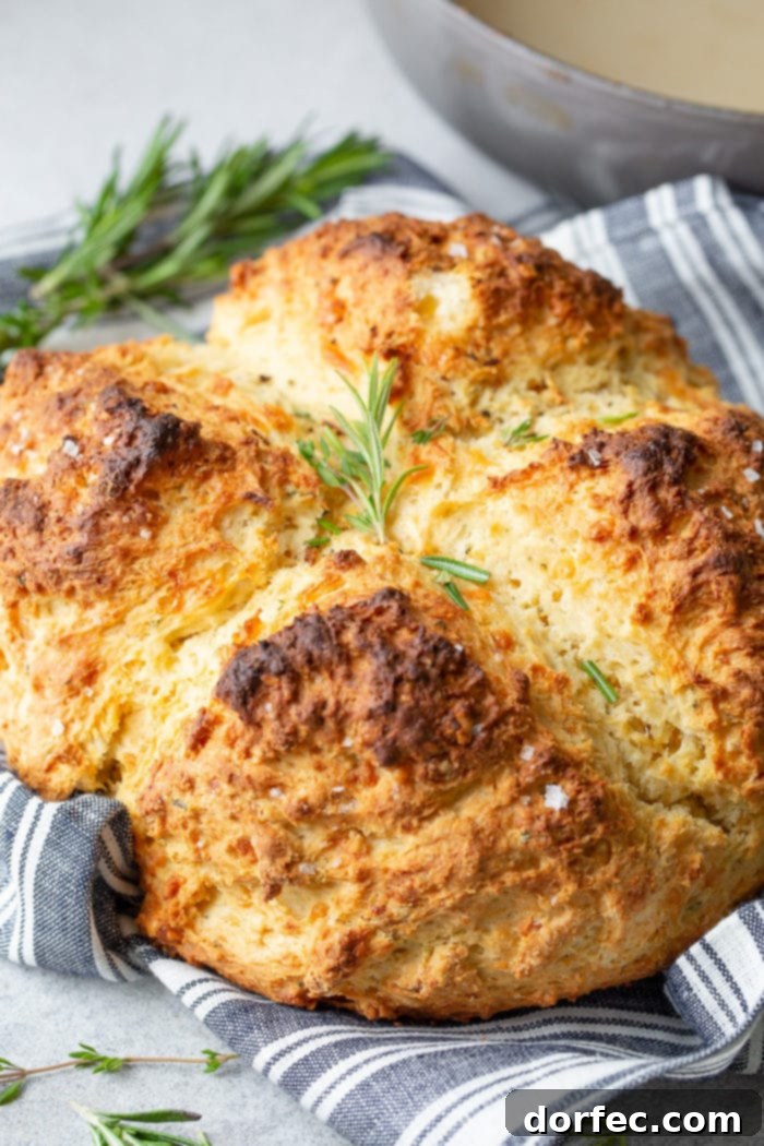 Savory Garlic Cheddar Herb Irish Soda Bread 2 A whole loaf of garlic cheddar herb irish soda bread sitting on a blue and white striped cloth napkin and topped with sprigs of fresh rosemary, highlighting its golden crust and herbal garnish.